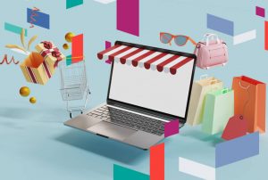 Illustration of online shopping items and laptop, concept of business setup in UAE.